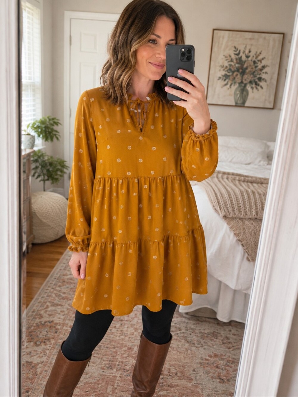 Lucky Brand Mustard Floral Tiered Boho Mini Dress Medium Rayon